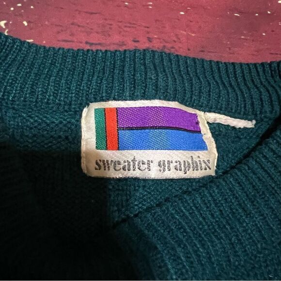 Vintage 80s Grandpa Textured Patterned Knit Sweater Teal Green / Blue - Picture 3 of 4